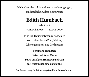 Anzeige von Edith Humbach von Kölner Stadt-Anzeiger / Kölnische Rundschau / Express