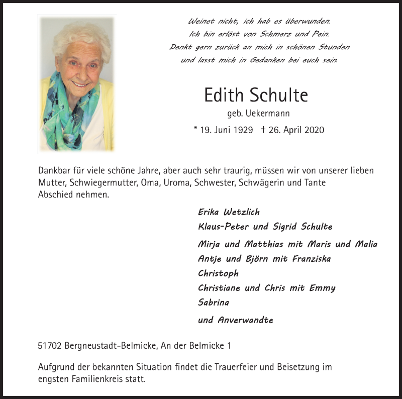  Traueranzeige für Edith Schulte vom 02.05.2020 aus Kölner Stadt-Anzeiger / Kölnische Rundschau / Express