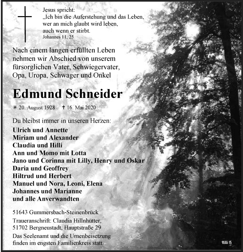  Traueranzeige für Edmund Schneider vom 22.05.2020 aus  Anzeigen Echo 