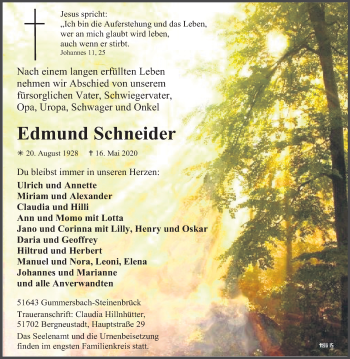 Anzeige von Edmund Schneider von Kölner Stadt-Anzeiger / Kölnische Rundschau / Express