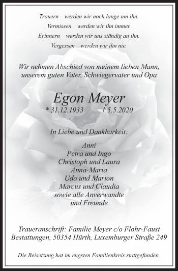 Anzeige von Egon Meyer von  Wochenende 