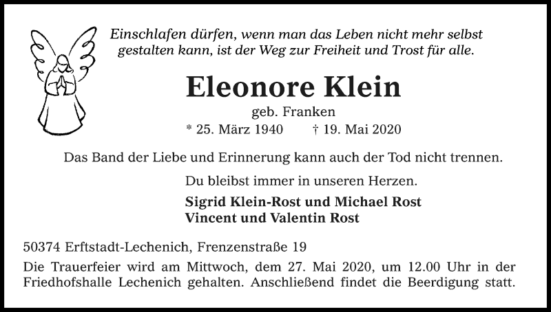  Traueranzeige für Eleonore Klein vom 23.05.2020 aus Kölner Stadt-Anzeiger / Kölnische Rundschau / Express