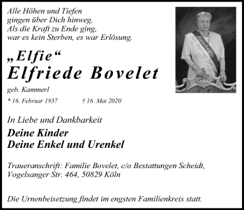 Anzeige von Elfriede Bovelet von Kölner Stadt-Anzeiger / Kölnische Rundschau / Express