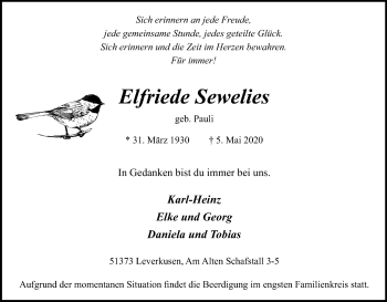 Anzeige von Elfriede Sewelies von Kölner Stadt-Anzeiger / Kölnische Rundschau / Express