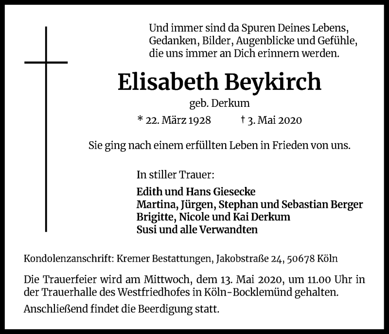  Traueranzeige für Elisabeth Beykirch vom 09.05.2020 aus Kölner Stadt-Anzeiger / Kölnische Rundschau / Express
