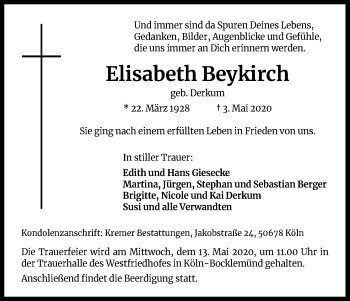 Anzeige von Elisabeth Beykirch von Kölner Stadt-Anzeiger / Kölnische Rundschau / Express