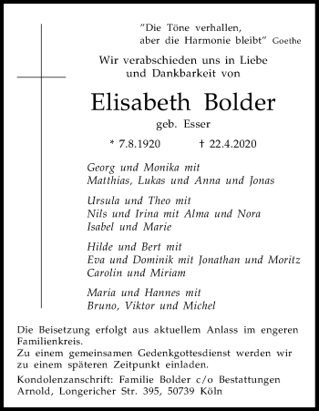 Anzeige von Elisabeth Bolder von Kölner Stadt-Anzeiger / Kölnische Rundschau / Express