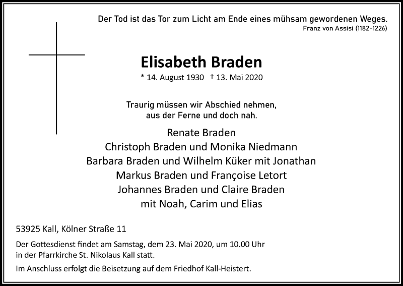  Traueranzeige für Elisabeth Braden vom 20.05.2020 aus Kölner Stadt-Anzeiger / Kölnische Rundschau / Express