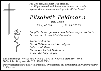 Anzeige von Elisabeth Feldmann von Kölner Stadt-Anzeiger / Kölnische Rundschau / Express