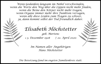 Anzeige von Elisabeth Höchstetter von Kölner Stadt-Anzeiger / Kölnische Rundschau / Express