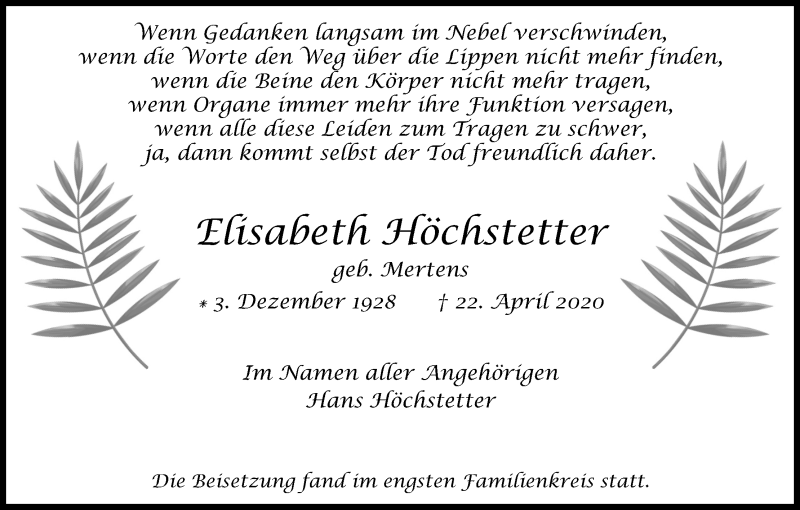  Traueranzeige für Elisabeth Höchstetter vom 16.05.2020 aus Kölner Stadt-Anzeiger / Kölnische Rundschau / Express