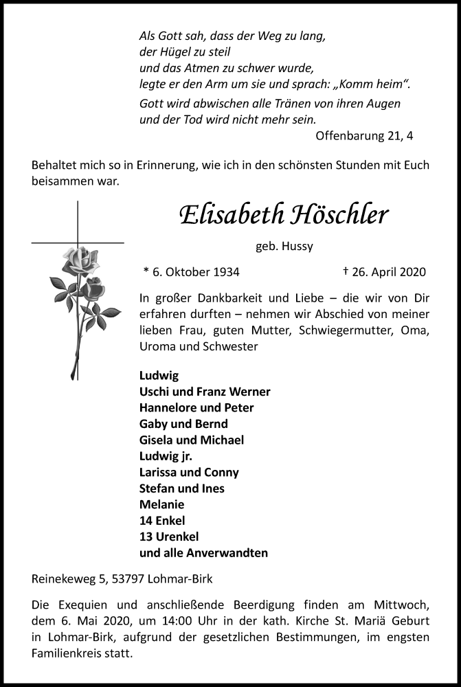  Traueranzeige für Elisabeth Höschler vom 02.05.2020 aus Kölner Stadt-Anzeiger / Kölnische Rundschau / Express
