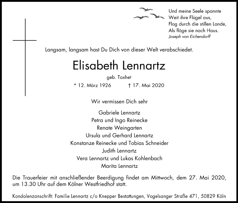 Traueranzeige für Elisabeth Lennartz vom 23.05.2020 aus Kölner Stadt-Anzeiger / Kölnische Rundschau / Express