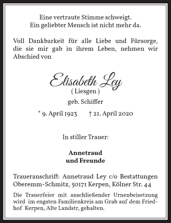 Anzeige von Elisabeth Ley von  Werbepost 