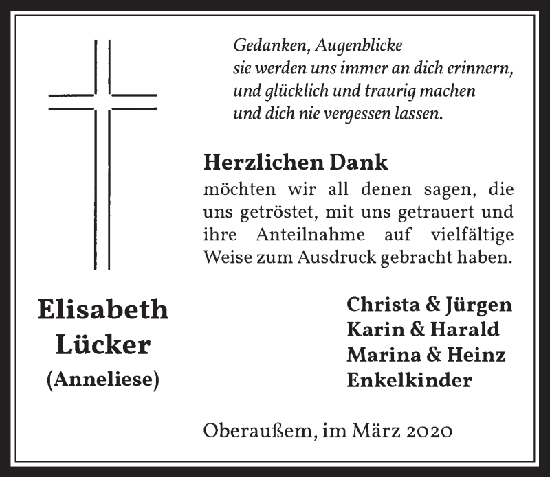  Traueranzeige für Elisabeth Lücker vom 08.05.2020 aus  Werbepost 