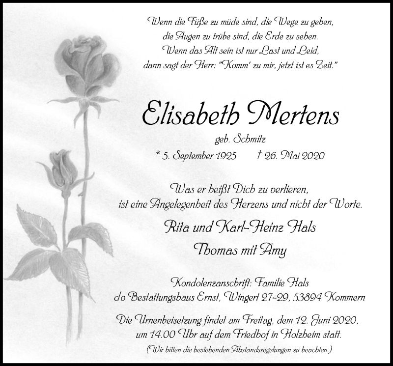  Traueranzeige für Elisabeth Mertens vom 30.05.2020 aus  Blickpunkt Euskirchen 