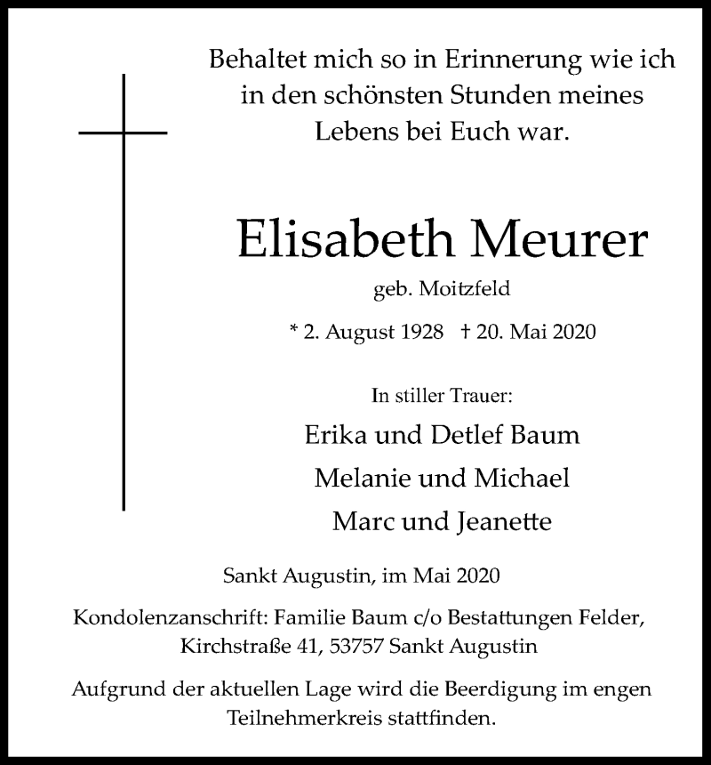  Traueranzeige für Elisabeth Meurer vom 23.05.2020 aus Kölner Stadt-Anzeiger / Kölnische Rundschau / Express
