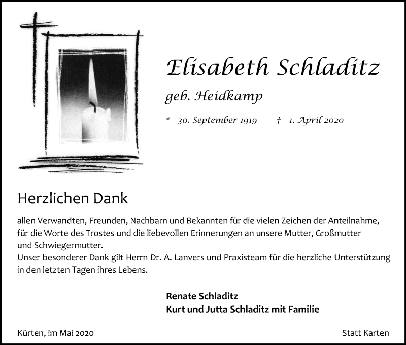  Traueranzeige für Elisabeth Schladitz vom 09.05.2020 aus Kölner Stadt-Anzeiger / Kölnische Rundschau / Express
