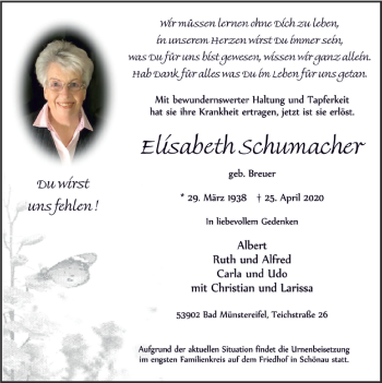 Anzeige von Elisabeth Schmacher von  Blickpunkt Euskirchen 