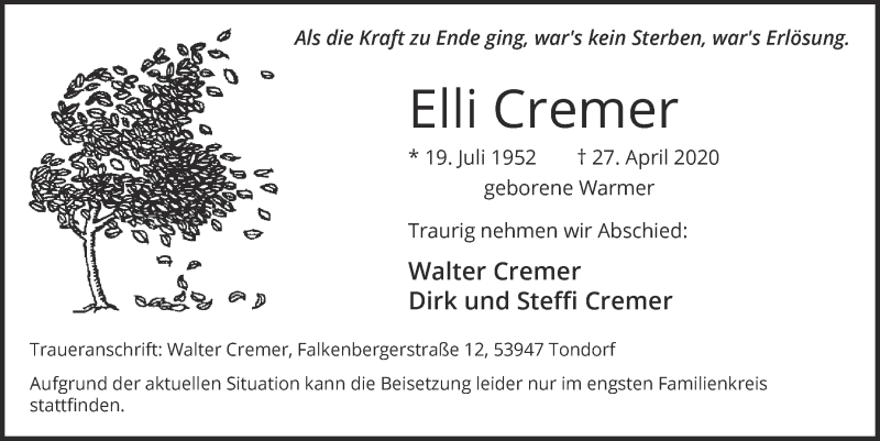  Traueranzeige für Elli Cremer vom 23.05.2020 aus  Blickpunkt Euskirchen 