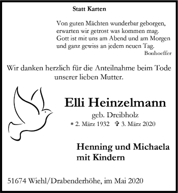 Anzeige von Elli Heinzelmann von  Anzeigen Echo 