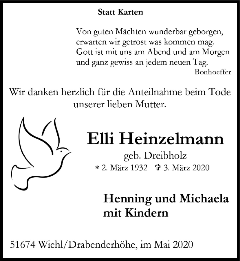  Traueranzeige für Elli Heinzelmann vom 22.05.2020 aus  Anzeigen Echo 