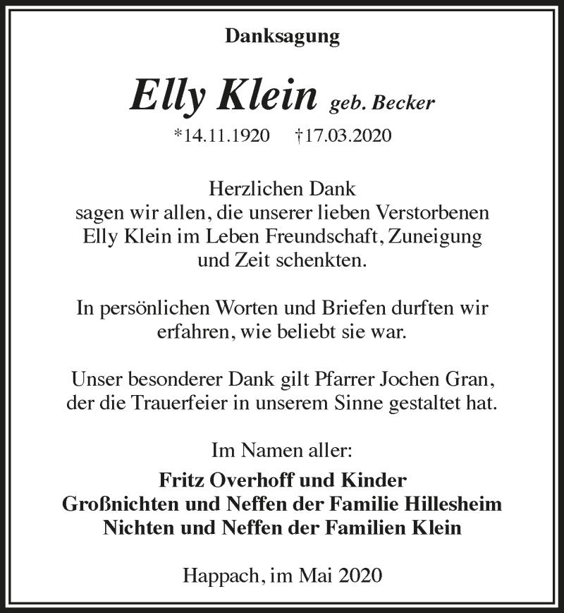  Traueranzeige für Elly Klein vom 15.05.2020 aus  Lokalanzeiger 