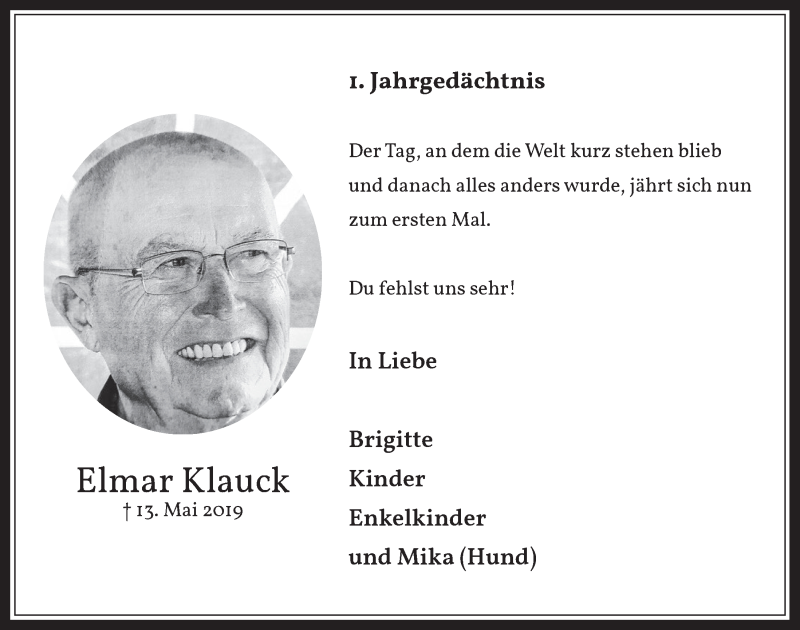  Traueranzeige für Elmar Klauck vom 08.05.2020 aus  Werbepost 