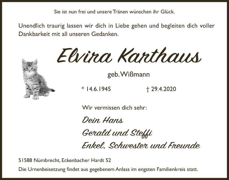  Traueranzeige für Elvira Karthaus vom 08.05.2020 aus  Lokalanzeiger 