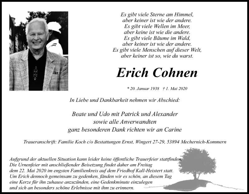  Traueranzeige für Erich Cohnen vom 13.05.2020 aus Kölner Stadt-Anzeiger / Kölnische Rundschau / Express
