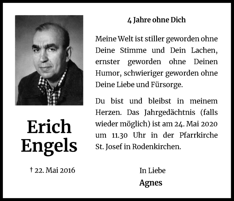  Traueranzeige für Erich Engels vom 21.05.2020 aus Kölner Stadt-Anzeiger / Kölnische Rundschau / Express