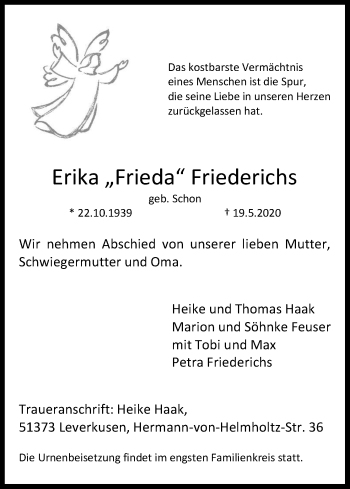 Anzeige von Erika Friederichs von Kölner Stadt-Anzeiger / Kölnische Rundschau / Express