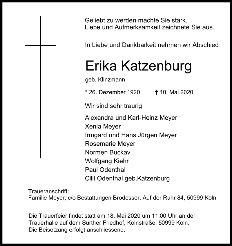  Traueranzeige für Erika Katzenburg vom 16.05.2020 aus Kölner Stadt-Anzeiger / Kölnische Rundschau / Express