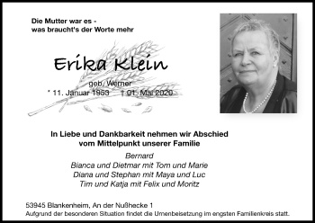 Anzeige von Erika Klein von Kölner Stadt-Anzeiger / Kölnische Rundschau / Express