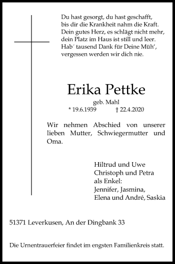 Anzeige von Erika Pettke von Kölner Stadt-Anzeiger / Kölnische Rundschau / Express