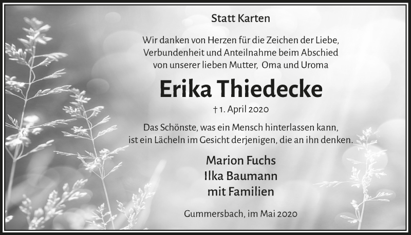  Traueranzeige für Erika Thiedecke vom 22.05.2020 aus  Anzeigen Echo 