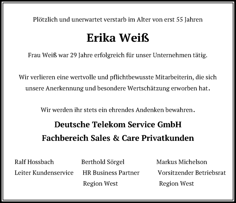  Traueranzeige für Erika Weiß vom 02.05.2020 aus Kölner Stadt-Anzeiger / Kölnische Rundschau / Express