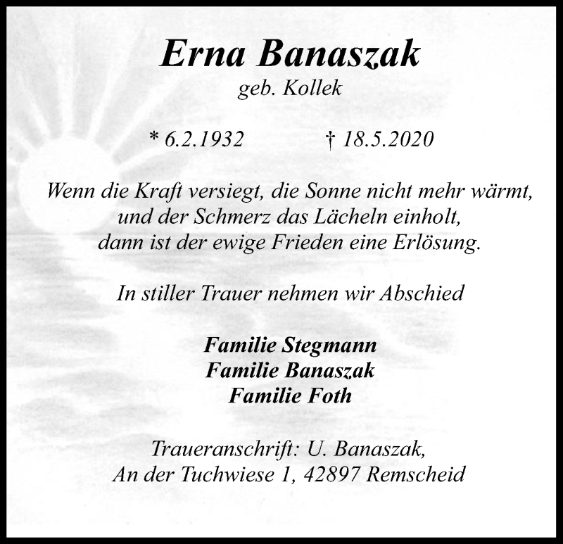  Traueranzeige für Erna Banaszak vom 23.05.2020 aus Kölner Stadt-Anzeiger / Kölnische Rundschau / Express