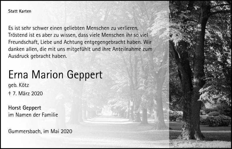  Traueranzeige für Erna Marion Geppert vom 08.05.2020 aus  Anzeigen Echo 