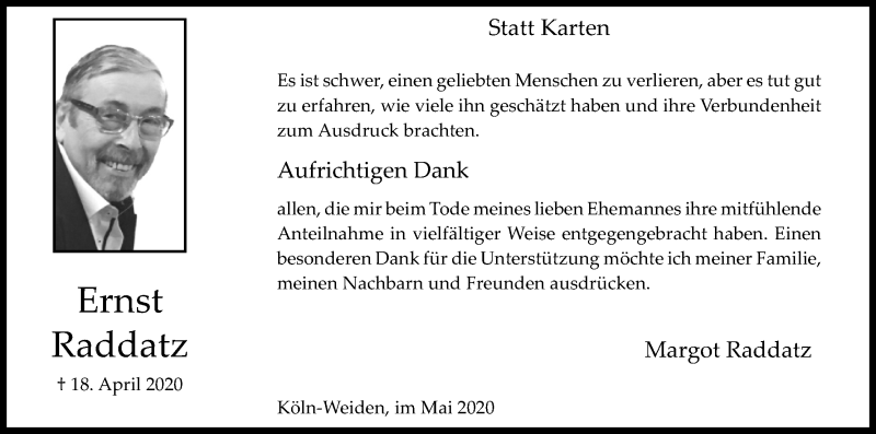  Traueranzeige für Ernst Raddatz vom 30.05.2020 aus Kölner Stadt-Anzeiger / Kölnische Rundschau / Express