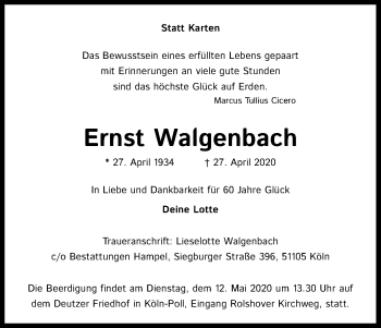 Anzeige von Ernst Walgenbach von Kölner Stadt-Anzeiger / Kölnische Rundschau / Express