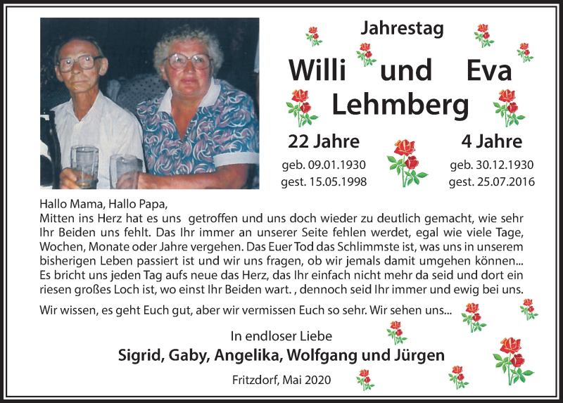  Traueranzeige für Eva Lehmberg vom 15.05.2020 aus  Schaufenster/Blickpunkt 