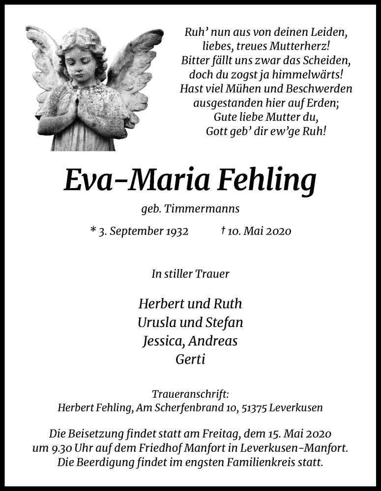  Traueranzeige für Eva-Maria Fehling vom 13.05.2020 aus Kölner Stadt-Anzeiger / Kölnische Rundschau / Express
