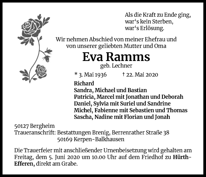  Traueranzeige für Eva Ramms vom 30.05.2020 aus Kölner Stadt-Anzeiger / Kölnische Rundschau / Express