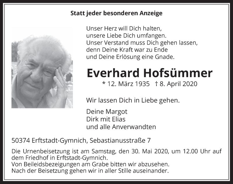  Traueranzeige für Everhard Hofsümmer vom 08.05.2020 aus  Werbepost 