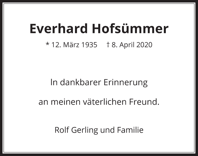  Traueranzeige für Everhard Hofsümmer vom 08.05.2020 aus  Werbepost 