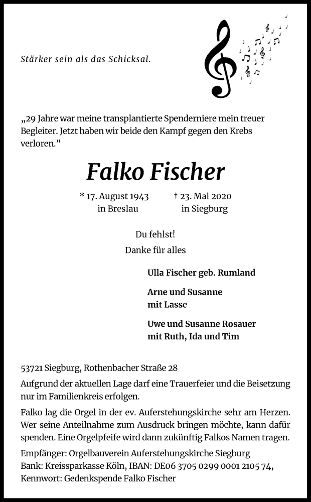 Traueranzeige für Falko Fischer vom 30.05.2020 aus Kölner Stadt-Anzeiger / Kölnische Rundschau / Express