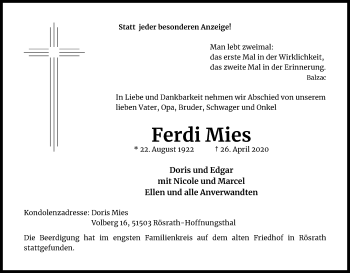 Anzeige von Ferdi Mies von Kölner Stadt-Anzeiger / Kölnische Rundschau / Express