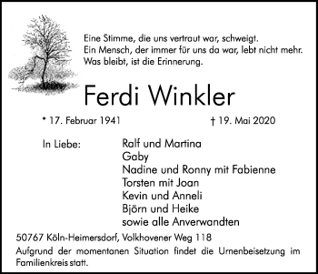 Anzeige von Ferdi Winkler von Kölner Stadt-Anzeiger / Kölnische Rundschau / Express