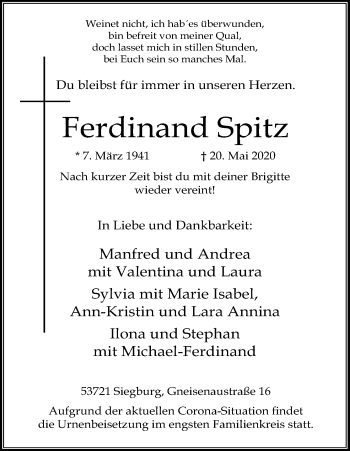 Anzeige von Ferdinand Spitz von Kölner Stadt-Anzeiger / Kölnische Rundschau / Express